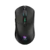 Top-down view of a black T-WOLF X5 gaming mouse featuring green battery indicators and multi-color RGB lighting.