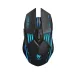 A direct top-down view of a black T-WOLF X7 gaming mouse. The mouse has a symmetrical, angular design with a matte black finish. It features bright blue LED illumination in several sleek cutouts across its body and around the scroll wheel. The T-WOLF logo