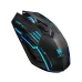 A top-down, slightly angled view of a black T-WOLF X7 gaming mouse. It features sharp, angular lines, a textured scroll wheel, and multiple blue LED illuminated accents on its surface and sides.