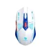 A top-down view of a white T-WOLF X7 gaming mouse with blue and red accents. The primary buttons and body are white, with a blue center strip, a red DPI button, and light blue illuminated details. The text 