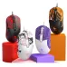 Font view Red, Pink, Purple and Orange T-WOLF G550 wired RGB gaming mouse featuring a custom Kuromi anime sticker print design and side navigation buttons.