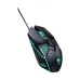 Perspective angle view of the T-WOLF G560 black wired gaming mouse featuring cyan RGB LED lighting, illuminated scroll wheel, and ergonomic side grips.