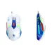 T-WOLF G560 white wired gaming mouse shown from top and side angles featuring white and blue body, red side buttons, and rainbow RGB lighting.