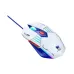 Perspective view of the T-WOLF G560 white wired gaming mouse featuring blue accents, red DPI button, braided cable, and multi-color RGB lighting.