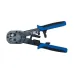 Front view of Dintek 6102-01021 Crimping Tool with blue handles, metal head, and ratcheting mechanism.