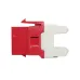 Close-up of the red and white Belden AX104190 KeyConnect CAT 6A RJ45 module.