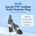 Promotional view of the Vention IDIH0 Cat6A FTP RJ45 Toolless Connector shown upright on a display with feature highlights. Provide your feedback on BizChat