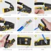 Onten OTN-E992 Network Cable Crimping Tool shown in multi-step use view for cutting, stripping, and crimping Ethernet cables