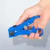 Hand holding the Vention KEBL0 Blue Coaxial Cable Stripper, showing its side view and detailed stripping ports.