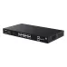 Front view  black Tenda TEG2220P switch featuring 16 ports,two rows, green indicator lights and a QR code on the right.