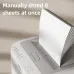 Close-up of the top of a white Deli paper shredder as a person feeds a stack of eight sheets of white paper into the slot.