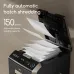 Close-up of a black and gold Deli automatic paper shredder as it feeds a batch of 150 sheets of paper.