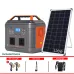 Front view of EcoSONIC AP-500 500W Portable Power Station kit with 120W solar panel, LED lights, USB cable, and AC charger.