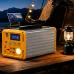 Outdoor view of EcoSONIC SL82-L2 300W Portable Power Station on table with digital display, ports, and built-in light in use.
