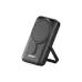 Black BWOO BO-P33 magnetic wireless power bank with a built-in kickstand extended, showing the charging pad and power button.