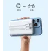 Hand holding a smartphone with the white BWOO BO-P49 magnetic power bank attached, showing a 20N pull force icon (equals 2KG).