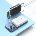 Two BWOO BO-P59 magnetic power banks, one black charging a phone horizontally via cable, one white attached to a phone's back.