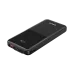 Angled view of the black BWOO BO-P60 power bank with a ribbed texture, showing a digital display at 100%, USB ports, and a button.