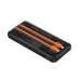 Angled view of the black BWOO BO-P60 power bank with two orange strips, showing two integrated cables (Lightning and USB-C).