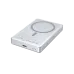 Angled view of the silver BWOO BO-P76 magnetic power bank showing the charging ring, USB-C port, power button, and specs.