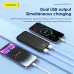 Top-down promotional view of Foneng PX109 10000mAh Power Bank showing dual USB output charging two smartphones simultaneously