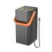 Frontal view of upright Hoco DB49 Power Bank showing top USB ports, digital LED display, orange handle, and side cable.