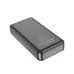 Angled back view of black Hoco J100A 20000mAh Power Bank showing technical specs text and safety certification icons.