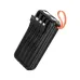 Back view of black Hoco J151A Power Bank displaying four built-in charging cables, twin flashlights, and orange strap.