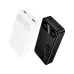 Side-by-side angled view of white and black Hoco J154A Power Banks displaying 100% on their LED screens and top output ports.