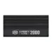 Side view of Cooler Master X Mighty 2000 PSU with metallic casing labeled Mighty Platinum 2000.