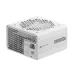 A white Corsair RM1000e 1000W power supply unit with a power switch and AC inlet on the rear, and a detailed pattern on the front grille.