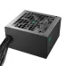 Angled view of DeepCool PF700X Power Supply with matte black finish, cooling fan, and braided output cables.