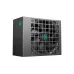 Angled view of DeepCool PS750G 750W Power Supply with large cooling fan, teal logo, and metallic casing design.