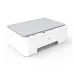 Front angled view of Deli D511W Printer showing flatbed scanner lid, control buttons, and paper output tray.