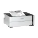 Sleek front view of Epson EcoTank Monochrome M1140 Ink Tank Printer with PrecisionCore branding, printing business travel flyer.
