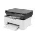 High-angle view of the white and grey HP Laser MFP 136w all-in-one printer with a printed document partially in the tray.