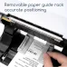 Deli ES340 Thermal Label Printer feature graphic showcasing adjustable paper guide for accurate label positioning and printing.