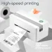 Deli ES340 Thermal Label Printer feature graphic highlighting high-speed printing with continuous label output.