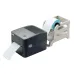 Side‑angled view of the Xprinter XP‑410B Thermal Label Printer printing a label with an external roll holder attached.