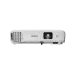 A frontal view of the white Epson EB-E12 3LCD projector, highlighting the lens, air vent, and adjustment foot.