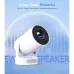 Promotional view of Magcubic HY300 Pro Plus Projector with cylindrical design, blue lens, and soundwave graphics.