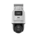 Front view of the white Hikvision DS-2SE2C400MWG-E/14 dual-lens PTZ camera with a black dome, mounted on a bracket.