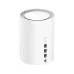 White cylindrical Cudy M3600 BE3600 Mesh Wi-Fi router, showing the back panel with the power button and four Ethernet ports.