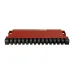 Top view of Mikrotik L009UiGS-RM Router with red casing, metallic sections, and row of Ethernet ports.