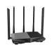 Rear view of the black Tenda AC7 AC1200 wireless router, showing five antennas and the yellow LAN and blue WAN ports.