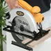 Handheld view of Tolsen 79532 Circular Saw Machine showing silver blade guard and labeled cutting disc.