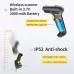 GTCODESTAR X dash nine seven zero zero L two D Wireless Barcode Scanner shown with its battery and anti shock durability feature