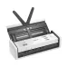 Front angled view of the Brother ADS-1300 Auto Document Scanner with its document guides raised and feed tray open