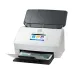 HP ScanJet Enterprise Flow N7000 snw1 front view with touchscreen, document feeder, output tray, and printed page shown.