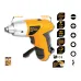 Front view of Tolsen 79010 Cordless Screwdriver showing yellow body, LED battery indicator, and work light near chuck.